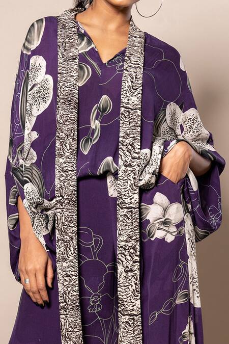 Nupur Kanoi_Purple Crepe V-neck Floral Print Balloon Top And A-line Pant Set_at_Aza_Fashions
