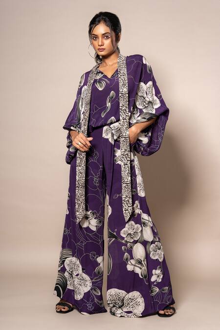 Nupur Kanoi_Purple Crepe V-neck Floral Print Balloon Top And A-line Pant Set_Online_at_Aza_Fashions