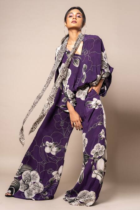 Buy_Nupur Kanoi_Purple Crepe V-neck Floral Print Balloon Top And A-line Pant Set_Online_at_Aza_Fashions