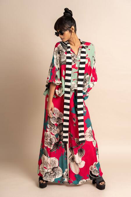 Nupur Kanoi_Magenta Crepe V-neck Floret Print Balloon Top And A-line Pant Set_Online_at_Aza_Fashions