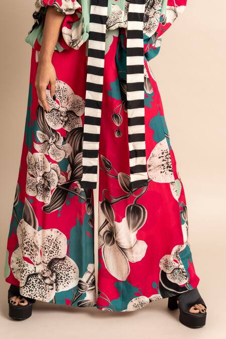 Shop Nupur Kanoi Magenta Crepe V-neck Floret Print Balloon Top And A-line Pant Set Online at Aza Fashions Shop_Nupur Kanoi_Magenta Crepe V-neck Floret Print Balloon Top And A-line Pant Set_Online_at_Aza_Fashions
