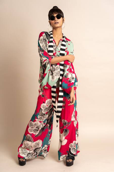 Buy_Nupur Kanoi_Magenta Crepe V-neck Floret Print Balloon Top And A-line Pant Set_Online_at_Aza_Fashions