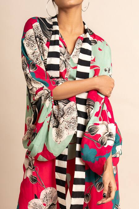 Nupur Kanoi Magenta Crepe V-neck Floret Print Balloon Top And A-line Pant Set at Aza Fashions Nupur Kanoi_Magenta Crepe V-neck Floret Print Balloon Top And A-line Pant Set_at_Aza_Fashions