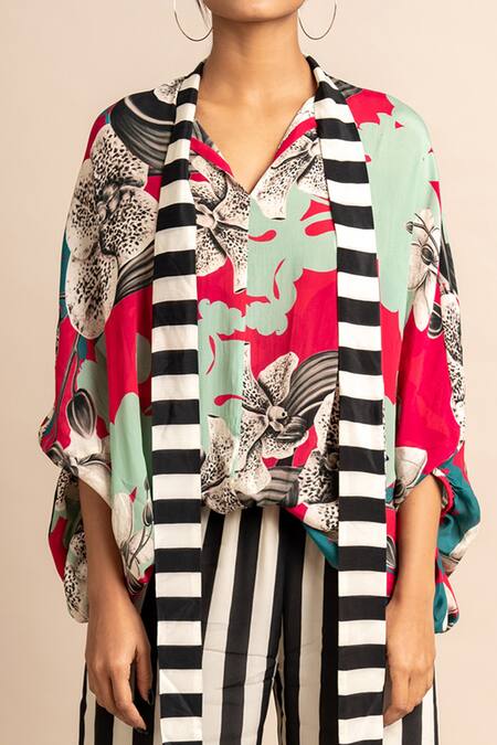 Shop_Nupur Kanoi_Magenta Crepe Digital Print Striped And Floral Balloon Top & Pyjama Set  _Online_at_Aza_Fashions