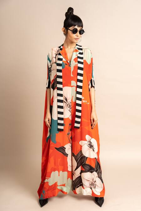 Nupur Kanoi_Orange Crepe Embroidery Collared Botanical Print Kaftan Jumpsuit_Online_at_Aza_Fashions