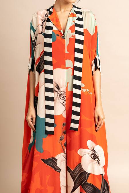 Nupur Kanoi_Orange Crepe Embroidery Collared Botanical Print Kaftan Jumpsuit_at_Aza_Fashions