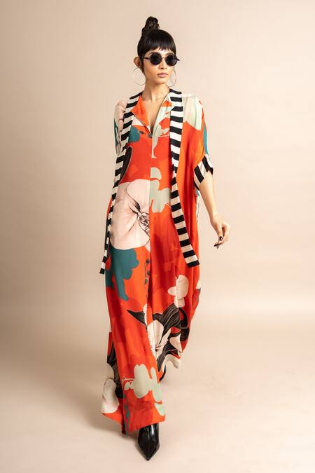 Buy_Nupur Kanoi_Orange Crepe Embroidery Collared Botanical Print Kaftan Jumpsuit_Online_at_Aza_Fashions