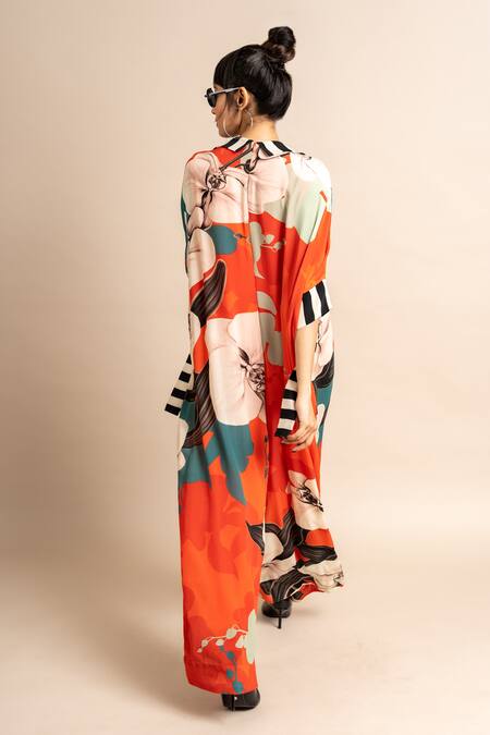 Shop_Nupur Kanoi_Orange Crepe Embroidery Collared Botanical Print Kaftan Jumpsuit_Online_at_Aza_Fashions