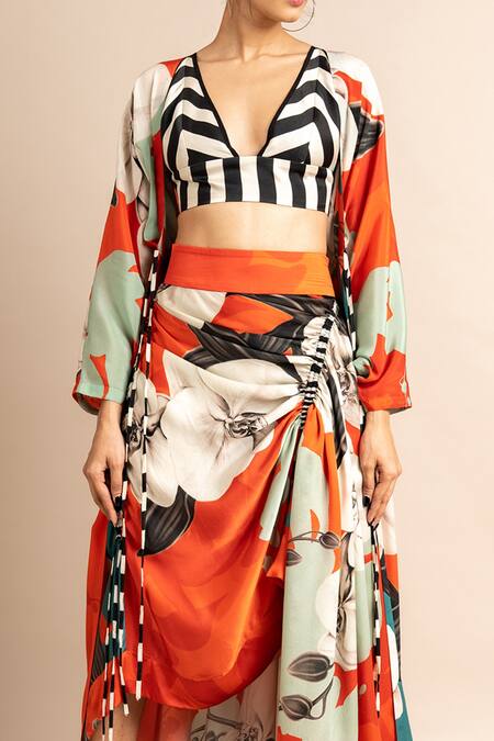 Nupur Kanoi_Orange Crepe Digital Print Striped And Floral Kimono Jacket & Skirt Set  _at_Aza_Fashions