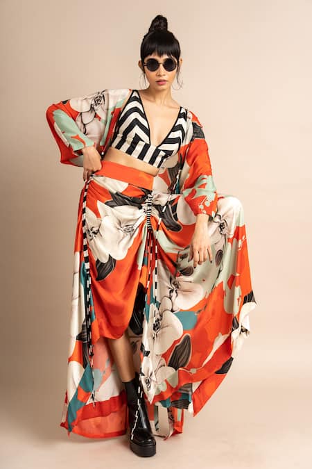 Shop_Nupur Kanoi_Orange Crepe Digital Print Striped And Floral Kimono Jacket & Skirt Set  _Online_at_Aza_Fashions