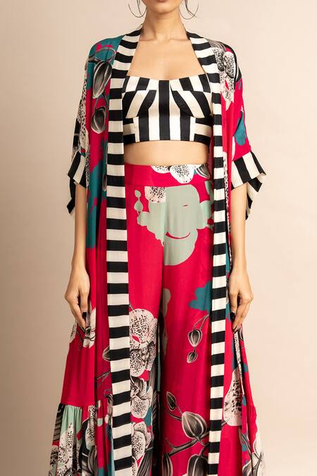 Nupur Kanoi_Magenta Crepe Sweetheart , Open Floral Print Jacket And A-line Pant Set_at_Aza_Fashions