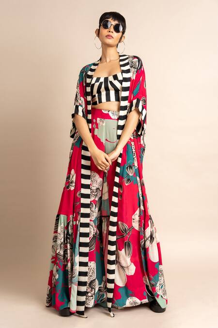 Nupur Kanoi_Magenta Crepe Sweetheart , Open Floral Print Jacket And A-line Pant Set_Online_at_Aza_Fashions