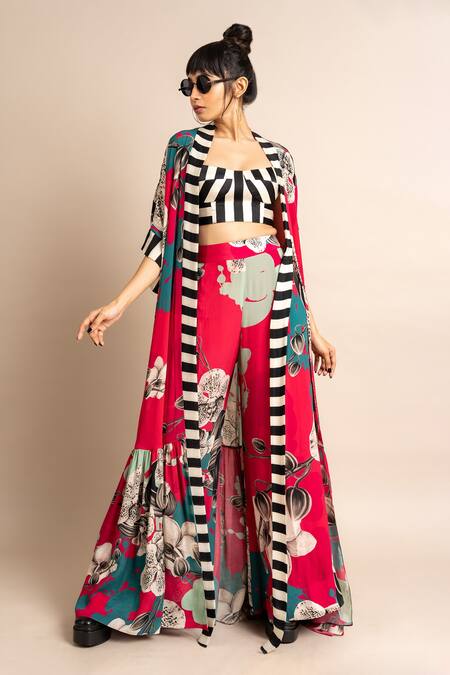 Buy_Nupur Kanoi_Magenta Crepe Sweetheart , Open Floral Print Jacket And A-line Pant Set_Online_at_Aza_Fashions