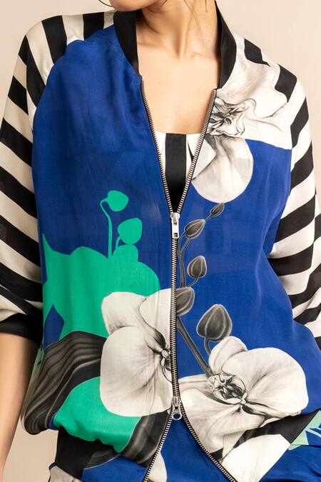 Nupur Kanoi_Blue Crepe Embroidery High Neck Floral Print Bomber Jacket And Frill Skirt Set_Online_at_Aza_Fashions