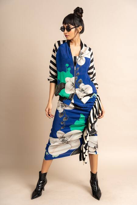Buy_Nupur Kanoi_Blue Crepe Embroidery High Neck Floral Print Bomber Jacket And Frill Skirt Set_Online_at_Aza_Fashions