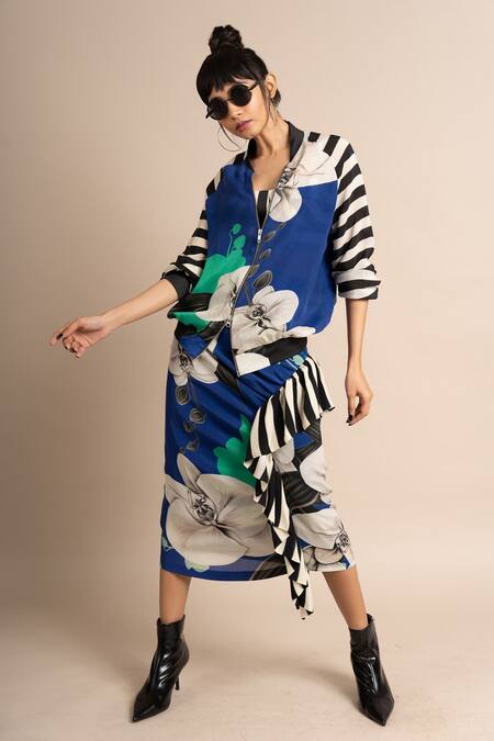 Shop_Nupur Kanoi_Blue Crepe Embroidery High Neck Floral Print Bomber Jacket And Frill Skirt Set_Online_at_Aza_Fashions