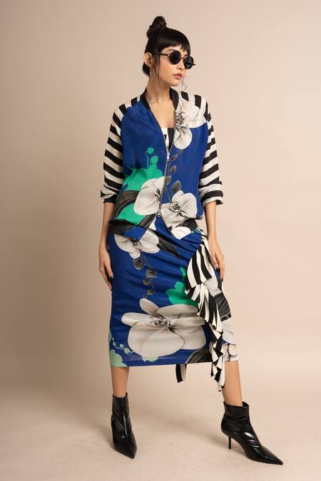 Nupur Kanoi_Blue Crepe Embroidery High Neck Floral Print Bomber Jacket And Frill Skirt Set_at_Aza_Fashions
