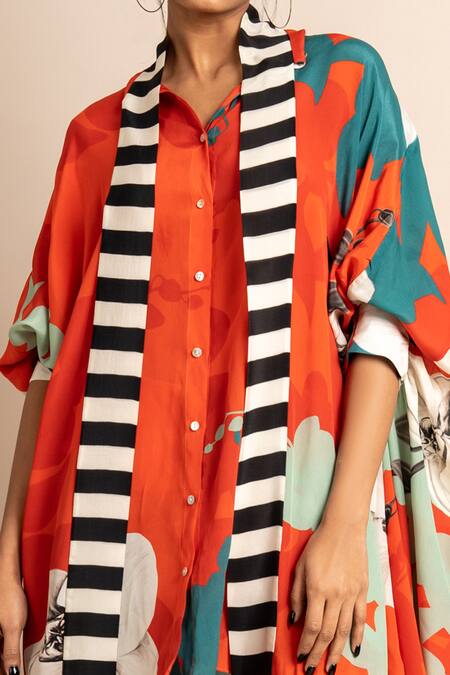 Nupur Kanoi_Orange Crepe Embroidery Collared Floral Print Long Sash Shirt And Pyjama Set_Online_at_Aza_Fashions