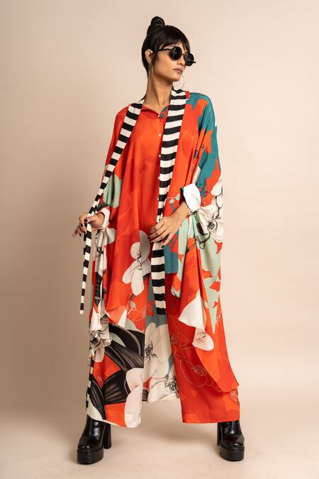 Buy_Nupur Kanoi_Orange Crepe Embroidery Collared Floral Print Long Sash Shirt And Pyjama Set_Online_at_Aza_Fashions