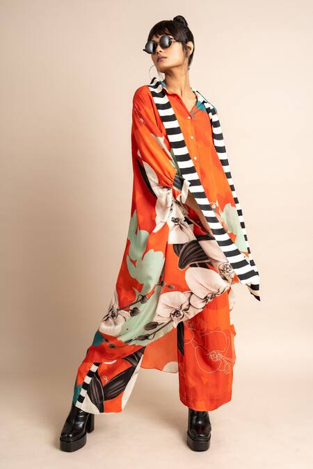 Nupur Kanoi_Orange Crepe Embroidery Collared Floral Print Long Sash Shirt And Pyjama Set_at_Aza_Fashions