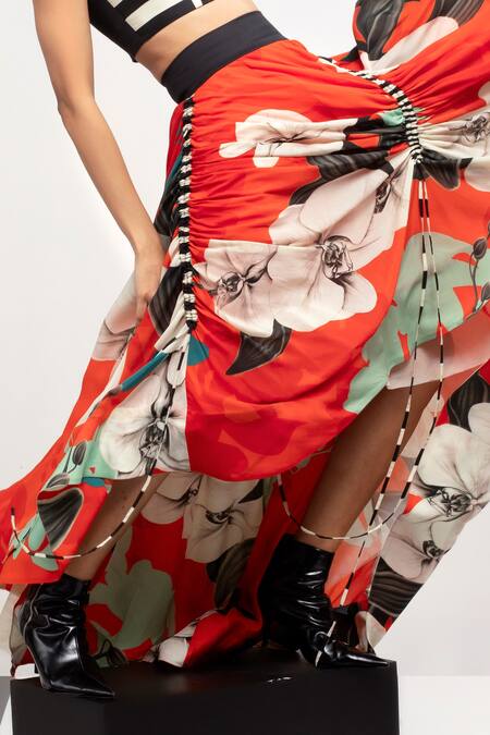 Nupur Kanoi_Orange Crepe Square Neck Striped Bustier And Floral Print Skirt Set_Online_at_Aza_Fashions