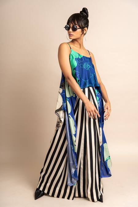Buy_Nupur Kanoi_Blue Satin Scoop Neck Floral Print Singlet Top And Lungi Skirt Set_Online_at_Aza_Fashions