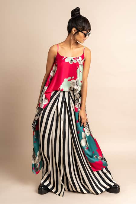 Shop_Nupur Kanoi_Magenta Satin Digital Print Floret Singlet Top And Lungi Skirt Set  _Online_at_Aza_Fashions