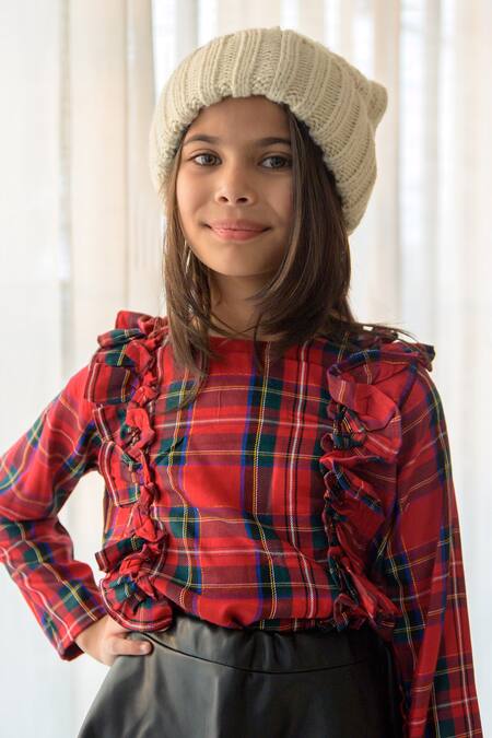 Fairies Forever Red 90% Cotton Checkered Pattern Frill Top Online at Aza Fashions Fairies Forever_Red 90% Cotton Checkered Pattern Frill Top _Online_at_Aza_Fashions