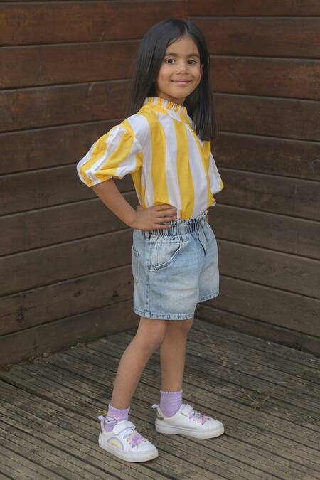 Fairies Forever_Yellow Cotton Printed Stripe Top _Online_at_Aza_Fashions