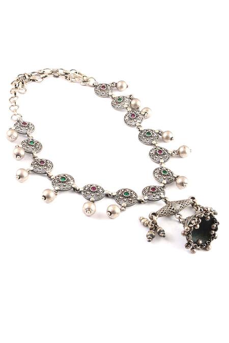 Noor_Silver Plated Stone Embellished Pendant Necklace_Online_at_Aza_Fashions