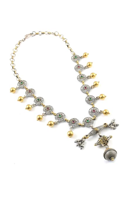 Noor_Silver Plated Oxidized Dual Tone Statement Chain Pendant Necklace_Online_at_Aza_Fashions