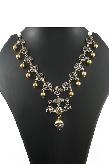 Buy_Noor_Silver Plated Oxidized Dual Tone Statement Chain Pendant Necklace_Online_at_Aza_Fashions