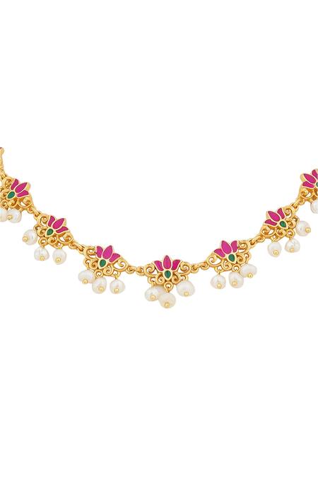 Zariin Pink Enamelled Lotus Silk Delicate Collar Necklace Online at Aza Fashions Zariin_Pink Enamelled Lotus Silk Delicate Collar Necklace _Online_at_Aza_Fashions