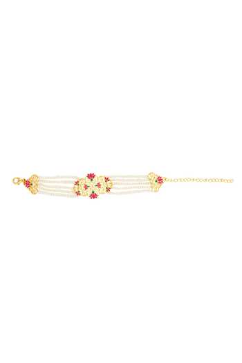 ZARIIN_Pink Pearls Enamel Maharani Lotus Choker Necklace_Online_at_Aza_Fashions