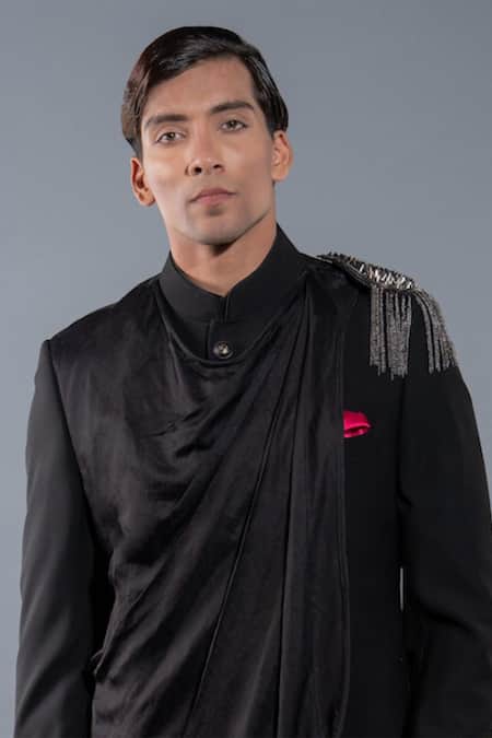 More Mischief_Black Wool Noir Cowl Drape Sherwani Set_Online_at_Aza_Fashions