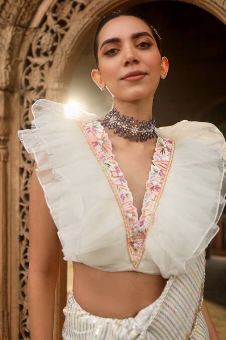 Dheeru Taneja Ivory Georgette, Organza Sequins, Nosheen Pre-draped Saree With Ruffle Blouse Online at Aza Fashions Dheeru Taneja_Ivory Georgette, Organza Sequins, Nosheen Pre-draped Saree With Ruffle Blouse _Online_at_Aza_Fashions