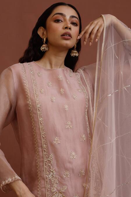 Neha Poddar Pink Kurta Organza Embroidery Dori Round Floral Pant Set Online at Aza Fashions Neha Poddar_Pink Kurta Organza Embroidery Dori Round Floral Pant Set _Online_at_Aza_Fashions