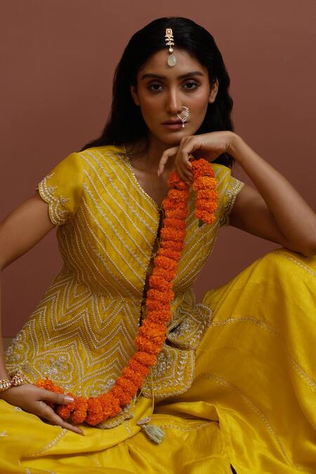 Neha Poddar Yellow Jacket Organza Embroidery Dori Round Chevron And Sharara Set Online at Aza Fashions Neha Poddar_Yellow Jacket Organza Embroidery Dori Round Chevron And Sharara Set _Online_at_Aza_Fashions