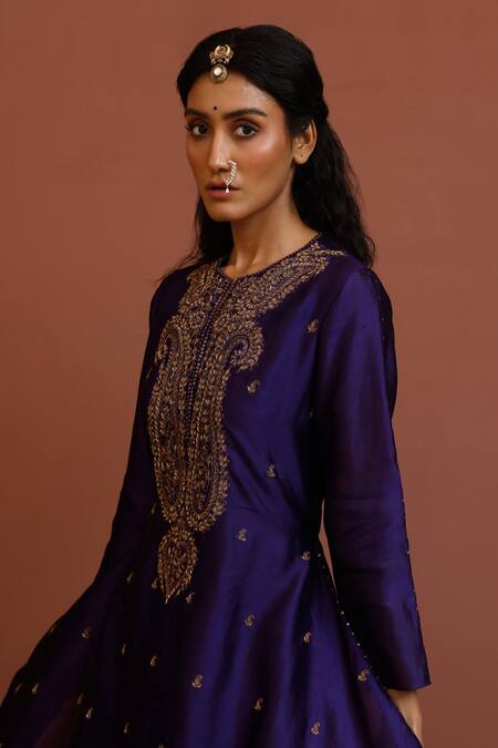 Neha Poddar Blue Silk Embroidery Dori Notched Paisley Dress Online at Aza Fashions Neha Poddar_Blue Silk Embroidery Dori Notched Paisley Dress _Online_at_Aza_Fashions
