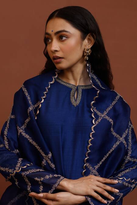 Neha Poddar Blue Kurta Muga Silk Embroidery Dori Round Neckline Straight Fit Set Online at Aza Fashions Neha Poddar_Blue Kurta Muga Silk Embroidery Dori Round Neckline Straight Fit Set _Online_at_Aza_Fashions