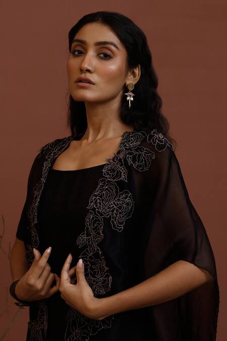 Neha Poddar Black Cape Organza And Dress Summer Silk Embroidery Bead & Thread Border With Online at Aza Fashions Neha Poddar_Black Cape Organza And Dress Summer Silk Embroidery Bead & Thread Border With _Online_at_Aza_Fashions