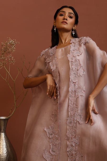 Neha Poddar Beige Cape Organza And Dress Summer Silk Embroidery Bead & Border & Set Online at Aza Fashions Neha Poddar_Beige Cape Organza And Dress Summer Silk Embroidery Bead & Border & Set _Online_at_Aza_Fashions