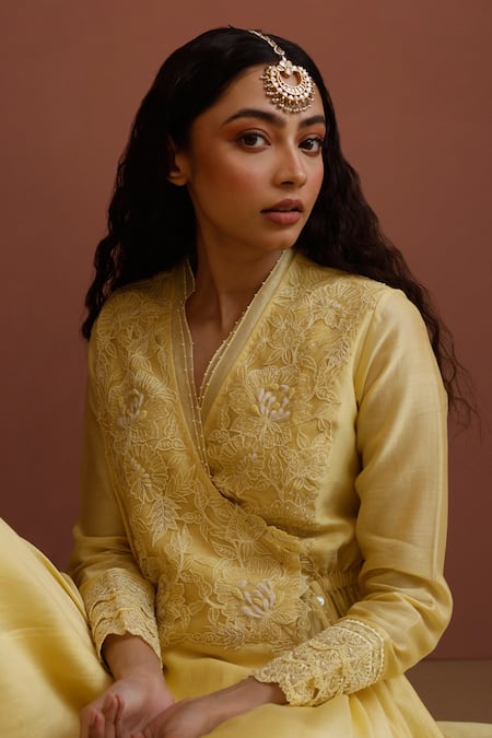 Neha Poddar Yellow Chanderi, Silk Beads V-neck Flower Embellished Kurta And Pant Set Online at Aza Fashions Neha Poddar_Yellow Chanderi, Silk Beads V-neck Flower Embellished Kurta And Pant Set _Online_at_Aza_Fashions