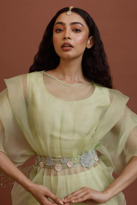 Neha Poddar Green Top And Belt Organza & Bustier & Pant Sheer & Floral Applique Work Set Online at Aza Fashions Neha Poddar_Green Top And Belt Organza & Bustier & Pant Sheer & Floral Applique Work Set _Online_at_Aza_Fashions