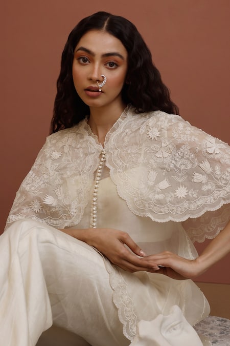 Neha Poddar Ivory Cape Organza And Bustier & Pant Summer Silk Embellished Bead & & Set Online at Aza Fashions Neha Poddar_Ivory Cape Organza And Bustier & Pant Summer Silk Embellished Bead & & Set _Online_at_Aza_Fashions