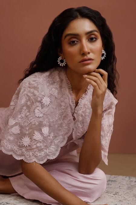 Neha Poddar_Purple Cape Organza And Bustier & Pant Summer Silk High Low Hem & Set _Online_at_Aza_Fashions