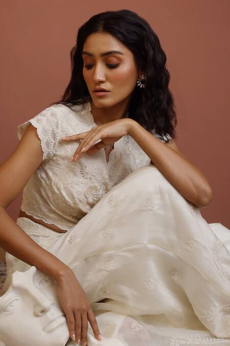Neha Poddar Ivory Wrap Blouse And Sharara & Summer Silk Floral & Set Online at Aza Fashions Neha Poddar_Ivory Wrap Blouse And Sharara & Summer Silk Floral & Set _Online_at_Aza_Fashions