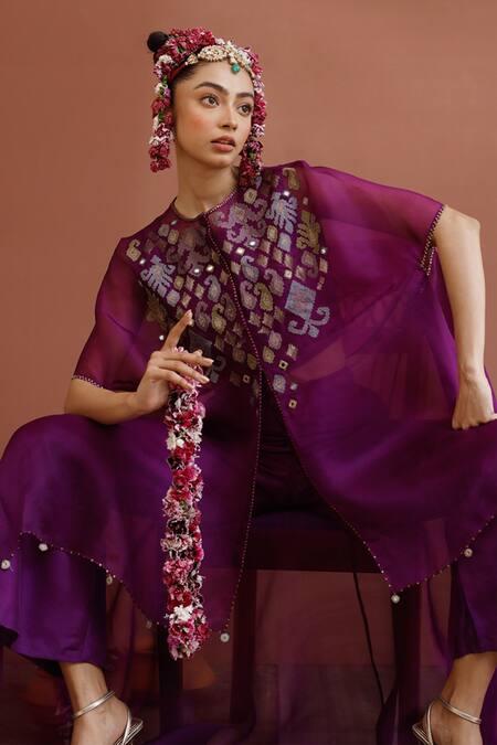 Neha Poddar_Purple Cape Organza And Bustier & Pant Summer Silk Embroidery Mirror & Set _Online_at_Aza_Fashions