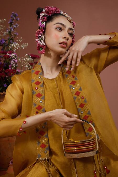 Neha Poddar_Yellow Cape Organza Embroidery Mirror Round High Low Hem And Dhoti Pant Set _Online_at_Aza_Fashions