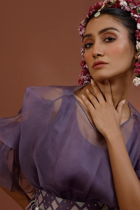 Neha Poddar_Purple Top And  & Bustier & Mauve Sheer Cape & Applique Work Set _Online_at_Aza_Fashions
